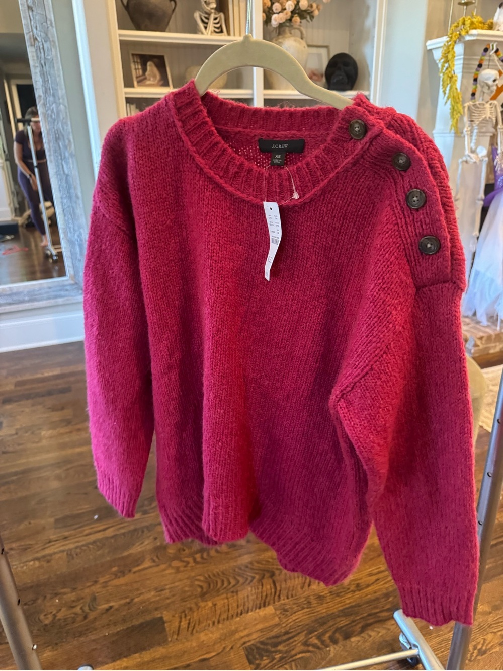 J. Crew Button-Shoulder Crewneck Sweater in Raspberry Pink